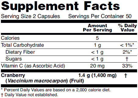 Supplement fact table for NOW Cranberry Caps dietary supplement for urinary tract health.