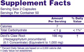 Supplment facts for NOW Devil's Claw herbal dietary supplements.