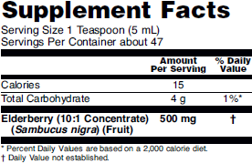 Supplement facts for NOW Elderberry Liquid dietary supplement for free-radical scavenging.