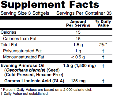 Supplement fact table for NOW 500mg Evening Primrose Oil dietary supplements.