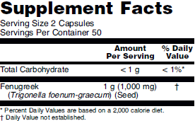 Supplement facts for NOW Fenugreek 500mg dietary supplements.