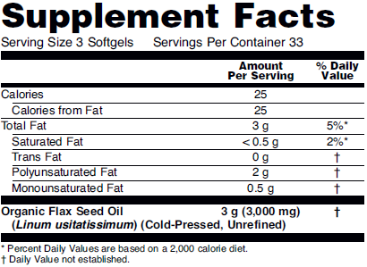 Supplement fact table for NOW Flax Oil 1000mg dietary supplements.