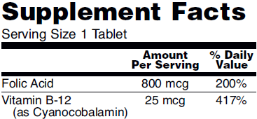 Table of supplement facts for NOW Folic Acid with Vitamin B12 complex