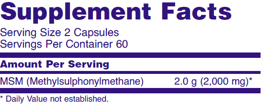 Supplement fact table for NOW MSM capsules organic sulfur compound.