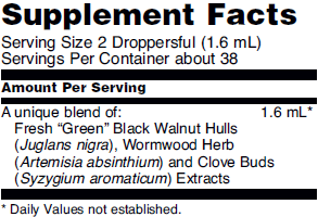 Supplement facts for dietary herbal supplement NOW Fresh Green Black Walnut Wormwood Complex