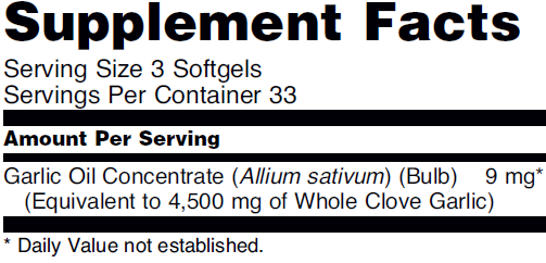 Supplement fact table for NOW brand Garlic Oil 1500mg dietary supplement softgels. 