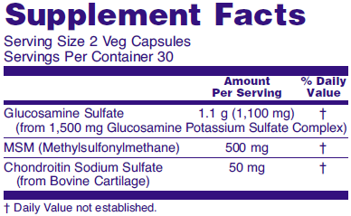Supplement fact table for NOW Glucosamine Sulfate and MSM dietary joint health supplement.