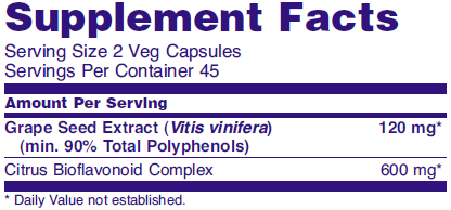 Supplement fact table for NOW Grape Seed dietary supplements for free radical protection