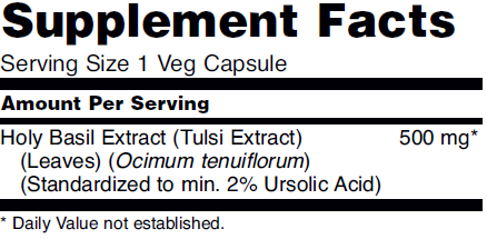 Supplement fact table for NOW Holy Basil Extract 500mg dietary supplements.