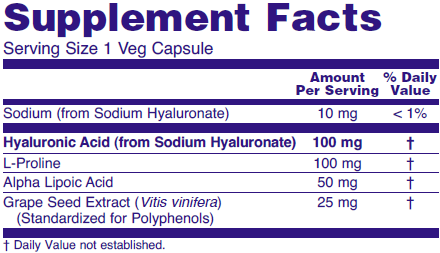 Supplement fact table for joint health dietary supplement NOW Hyaluronic Acid