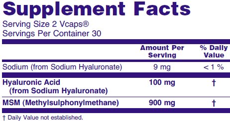 Supplement fact table for NOW Hyaluronic Acid with MSM for joint health.