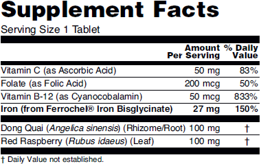 Supplement fact table for NOW Iron Complex tablets