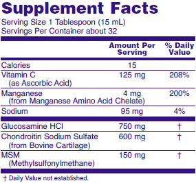 Supplement fact table for NOW Liquid Glucosamine and Chondroitin with MSM dietary supplement for joint health.