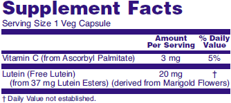 Supplement facts for NOW Lutein 20mg dietary supplements