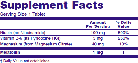 Supplement fact table for Meltonin 1mg dietary supplement for sleep regulation.