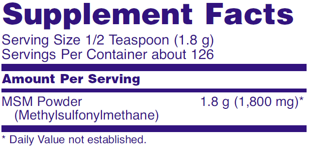 Supplement fact table for NOW MSM powder dietary supplement.