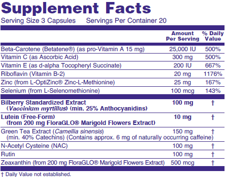 Supplement fact table for NOW Ocu Support dietary supplements for healthy vision