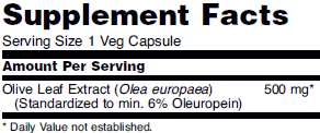 Supplement facts for NOW Olive Leaf Extract free-radical scavenging dietary supplement.