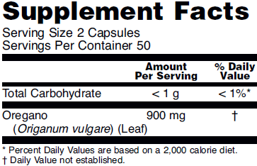 Supplement facts for NOW 450mg Oregano dietary supplements that may provide free-radical scavenging. 