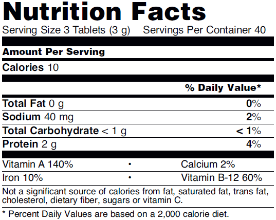 Nutrition fact table for 1000mg NOW Organic Spirulina dietary supplement tablets.