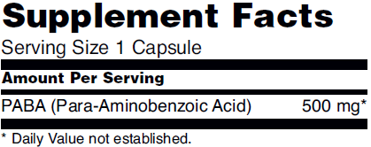 Supplement Fact table for NOW Foods PABA 500mg capsule