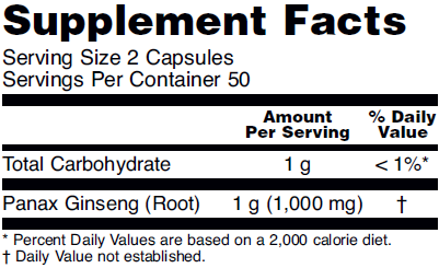 Supplement fact table for NOW Panax Ginseng dietary supplements