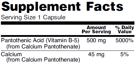 Supplement Facts for NOW Pantothenic Acid B5 500mg capsule