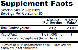Supplement facts for NOW Pau D'Arco herbal dietary supplement.