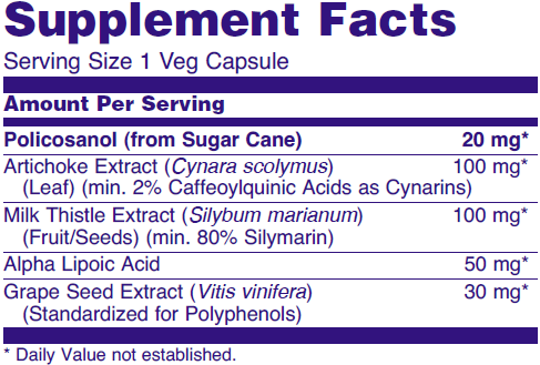 Supplement fact table for NOW 20mg Policosanol dietary supplements.