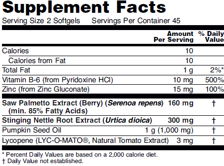Supplement fact table for NOW Prostate Support promoting prostate health.