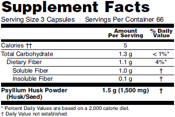 Supplement facts for NOW Psyllium Husk Capsules for intestinal regularity.