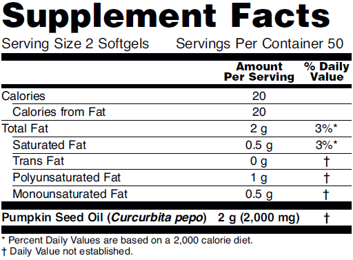 Supplement fact table for NOW Pumpkin Oil dietary supplement softgels.