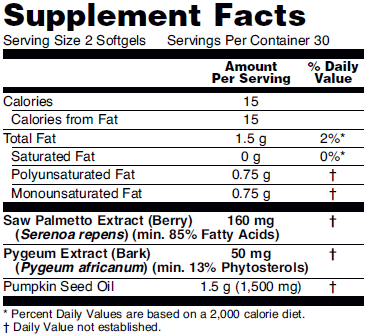 Supplement fact table for NOW Pygeum & Saw Palmetto dietary supplements.