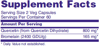 Supplement facts for NOW Quercetin with Bromelain dietary supplements for seasonal immune system support.