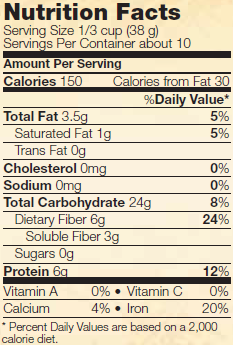 Nutrition facts for NOW Real Food Organic Oat Bran