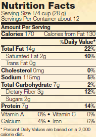 Nutrition facts for NOW Real Food Roasted & Salted Pistachios