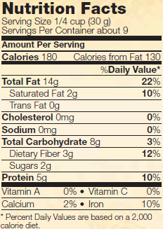 Nutrition facts for NOW Real Food Whole, Raw, Unsalted Cashews
