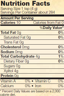 Nutrition facts for NOW Real Foods Xylitol sweetener