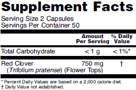 Supplement facts for NOW Red Clover 750mg herbal supplement