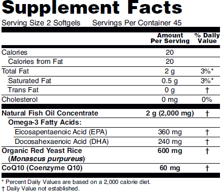 Supplement facts table for NOW Red Omega softgels taken as a dietary supplement for cardiovascular support.