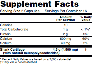 Supplelment fact table for NOW Shark Cartilage dietary supplements for skeletal support