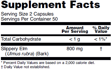 Supplement facts for NOW Slippery Elm 400mg dietary supplements.