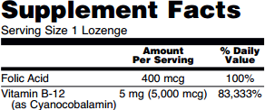 Supplement fact table for NOW Foods B12, 5,000mcg lozenges