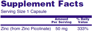 Supplement fact table for NOW Zinc Picolinate capsules.