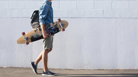 A man in streetwear with a skateboard
