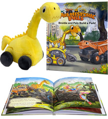 Brontie Plush toy and book with white background.  Book is open in foreground displaying a page of text.