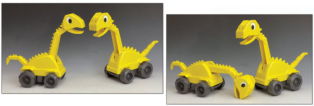 Here are two completed Prototype Brontie Dinosaur-Excavator toys. These are ready for kid testing, Marketing, website photography.