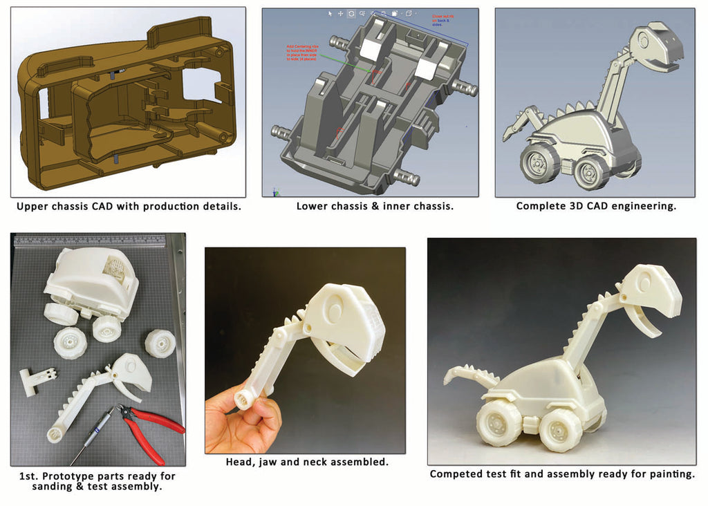 How toys are made shows the 3D CAD files and prototypye parts we created for the Brontie vehicle. Brontie the Brontosaurus and part excavator construction toy. The were latter painted and assembled for child testing.