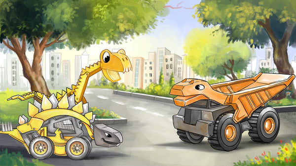 Illustration of prehistoric pals Brontie, Gronk, and Bianca standing on the street in front of trees and cityscape