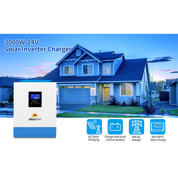 SunGoldPower 3000W 24V Pure Sine Wave Solar Inverter Charger- with house background using product
